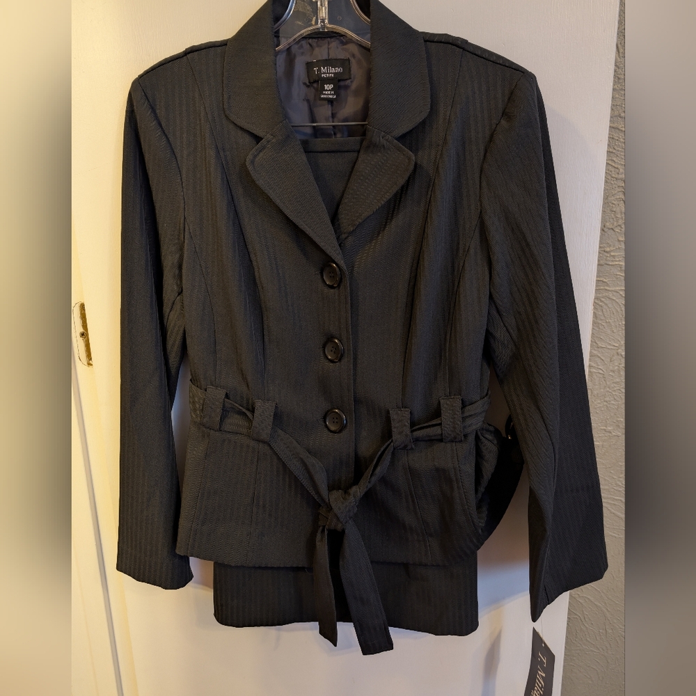 T. Milano Charcoal Pinstripe 2 Piece Skirt Suit with Belt 10:Petite